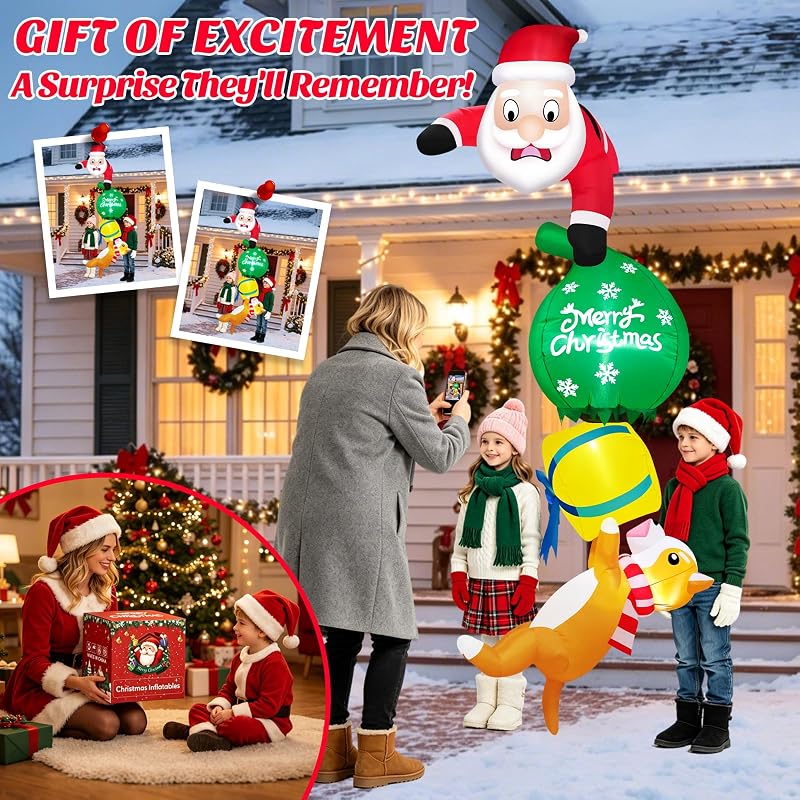 8 ft Hanging Santa Inflatable with Gift & Dog - Built-in LEDs, Outdoor Xmas Decor (Variation: 8ft-hanging Santa)