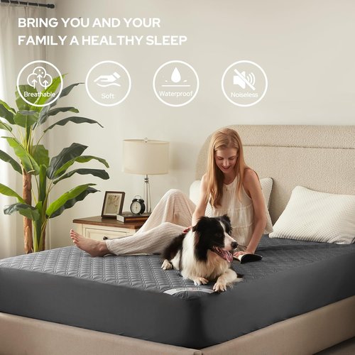 BEDLORE Waterproof Mattress Protector - Noiseless Queen Size Pad with Deep Pocket Fitted Up to 18" | Soft, Breathable, Washable (Gray)