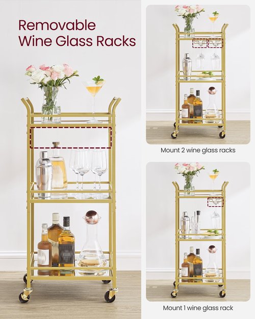 VASAGLE Bar Cart, Home Bar Serving Cart, Small Bar Serving Cart with 3-Tier Shelf, Wine Holders, Glass Holders, Mini Bar Cart for Small Spaces, Kitchen, Dining Room, Living Room, Pale Gold