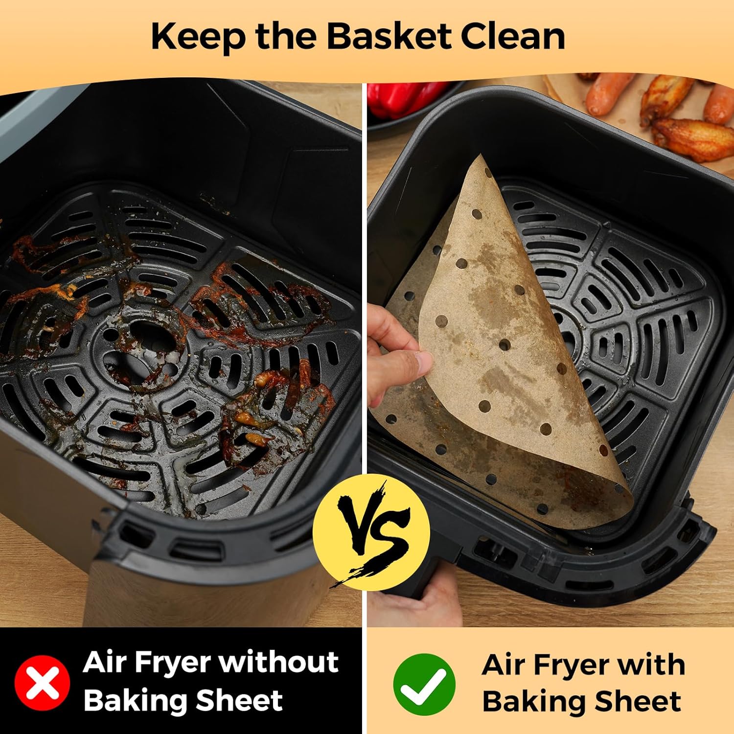 Vailnd Disposable Air Fryer Liners - 200 Pcs Unbleached Parchment Paper Sheets | 8.5" Square for 5-8 Qt Air Fryers