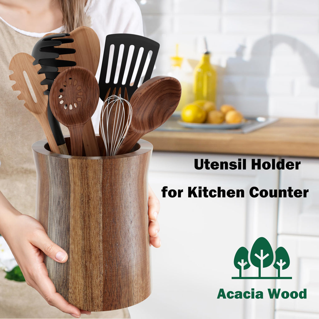 Segtenant Utensil Holder, Acacia Wood Utensil Holder for Kitchen Counter, 360° Rotating Cooking Utensil Crocks for Countertop, 7.2" Large Utensil Organizer for Spatula Storage