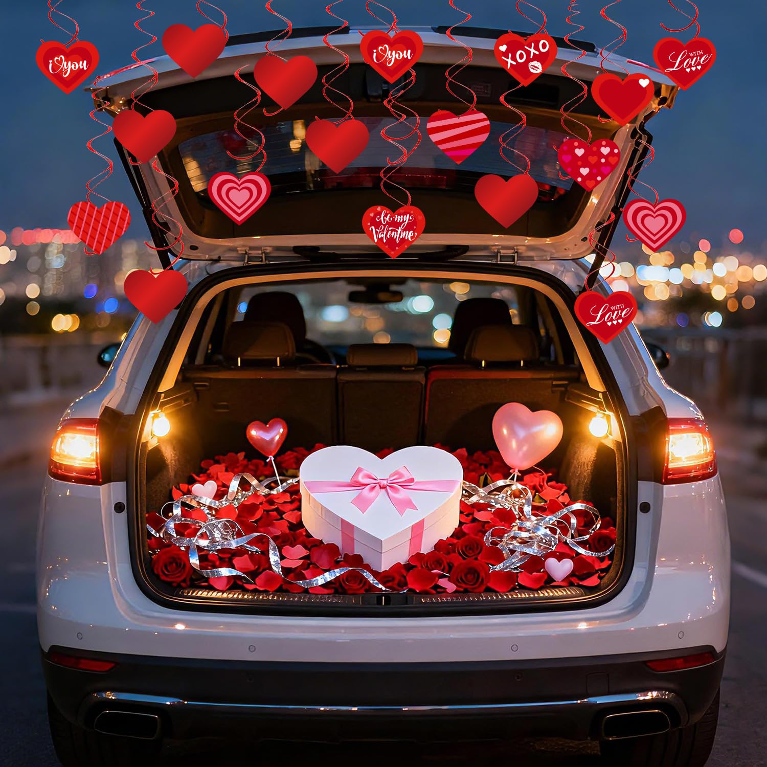 Valentine's Day Decorations-40 Pcs Hanging Swirls, Red Conversation Hearts Cards and Foil Double Swirls - Ceiling Hanging Decor for Valentine Party, Classroom, Home