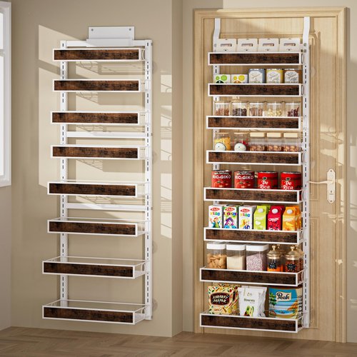Clothink 8 Tier Over The Door Pantry Orangizer 2 IN 1 Wall Mounted or Hanging Spice Rack with Adjustable Wood Basket,Heavy Duty Seasoning Storage Shelf for Kitchen Pantry and Bathroom