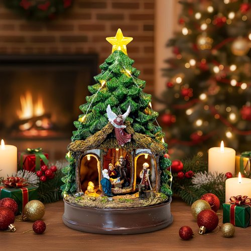 Candieslife Musical Christmas Tree - Rotating Nativity Scene with LED Star Light | Tabletop Decor Gift