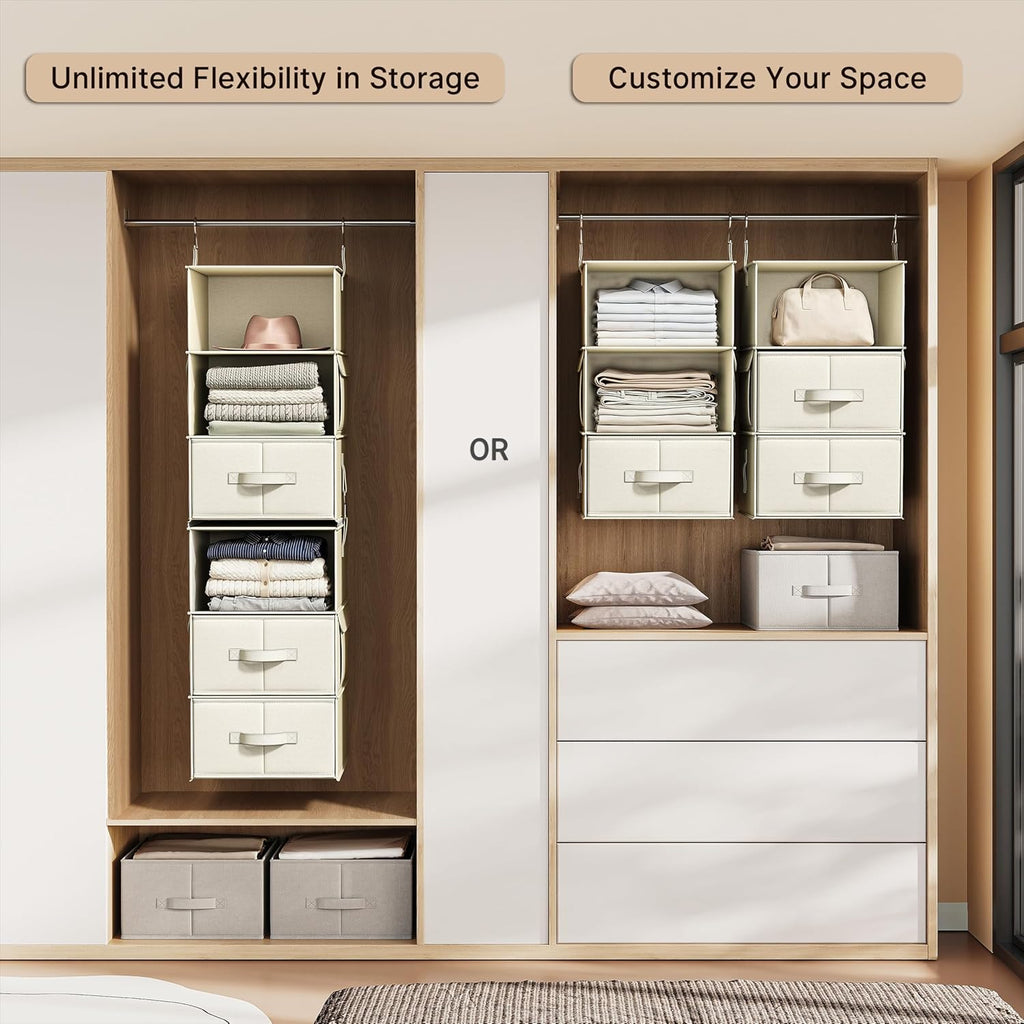 Vailando 6-Shelf Closet Organizer - Versatile Hanging Storage with 3 Drawers & 2 Separable Units | Beige