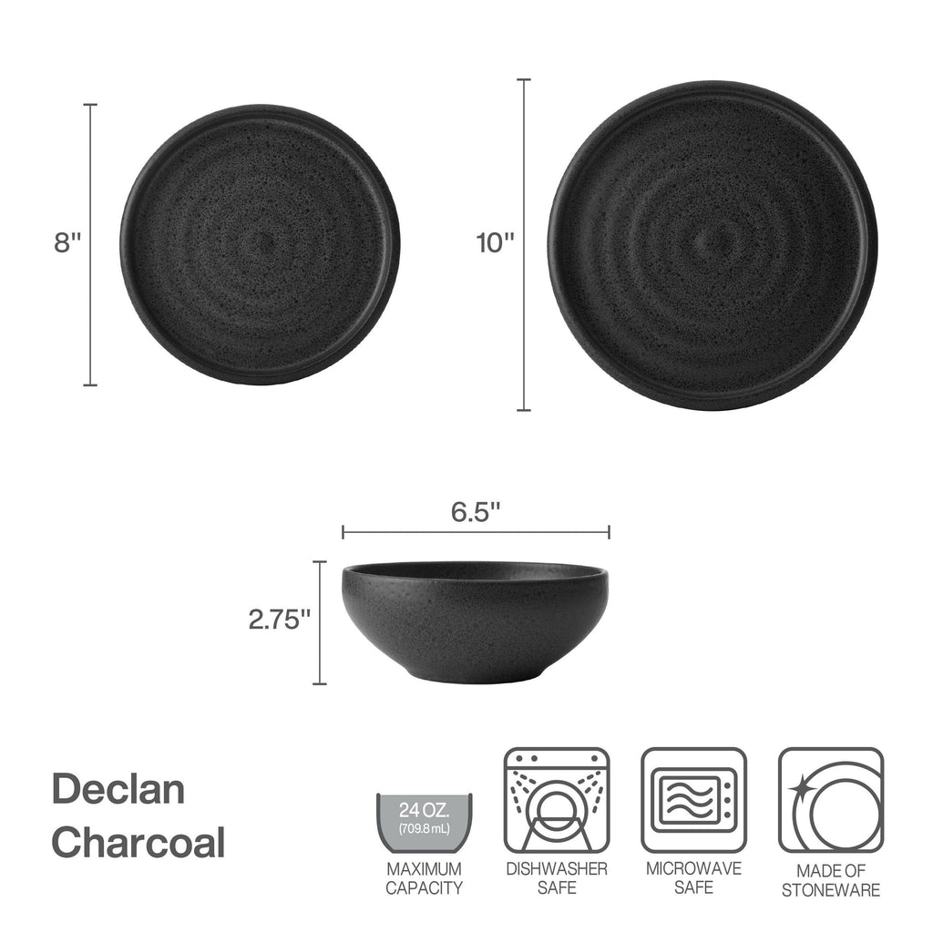 Mikasa Declan 12 Piece Stoneware Dinnerware Set, Service for 4, Modern Black Plate and Bowl Dishes with High Rims, Black