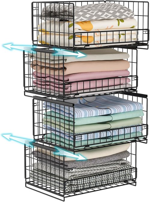 Hongtamoya 4-Tier Closet Organizer - Stackable Storage Shelves for Wardrobe, Kitchen & Office - Black