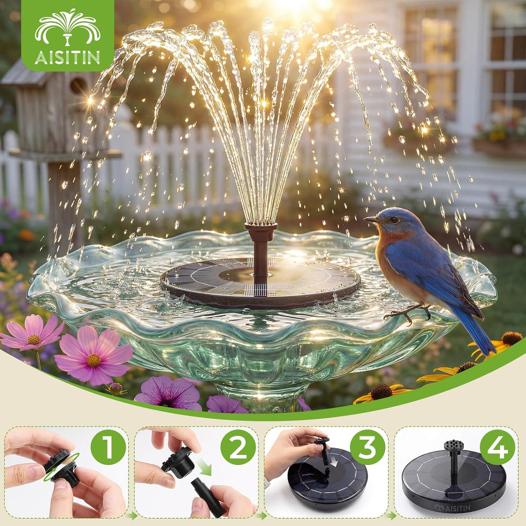 AISITIN Solar Bird Bath Fountain Pump - 2.5W Solar Powered Water Pump with 6 Nozzles | Perfect for Gardens, Ponds, and Aquariums