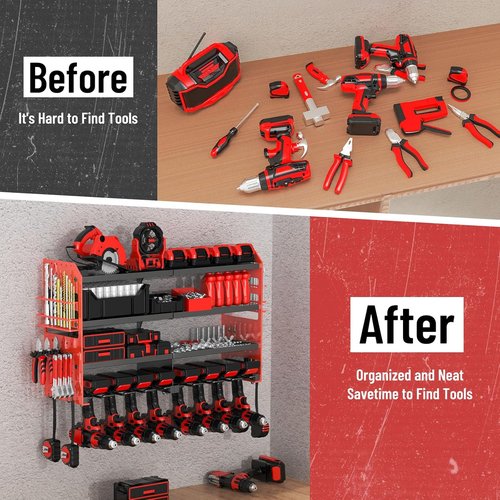 Large Power Tool Organizer by Heavy Duty | Wall Mount Charging Station with 8 Drill Holders - Red