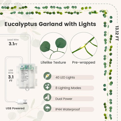 Eucalyptus Garland with 40 LED Fairy Lights - Lighted Greenery Vine with Remote & Timer, Dual Power (USB/Battery) | Cozy Home & Wedding Decor