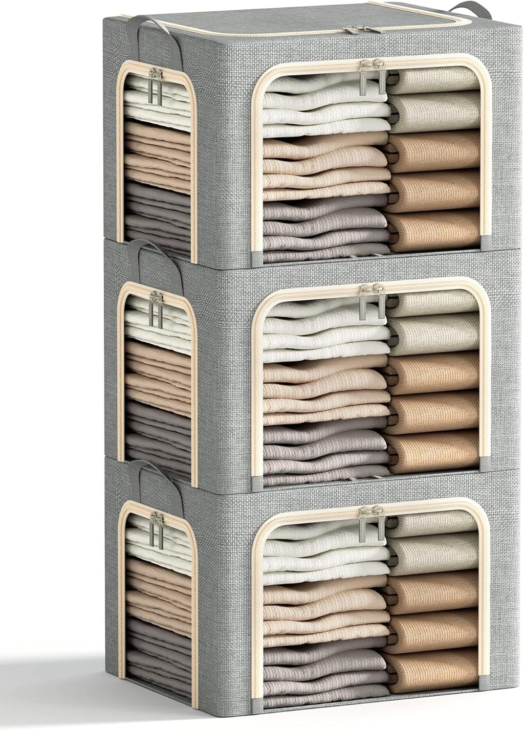 Skiennix Foldable Clothes Storage Bins - Durable Metal Frame with Clear Window | 3 Pack, Light Grey, 40L