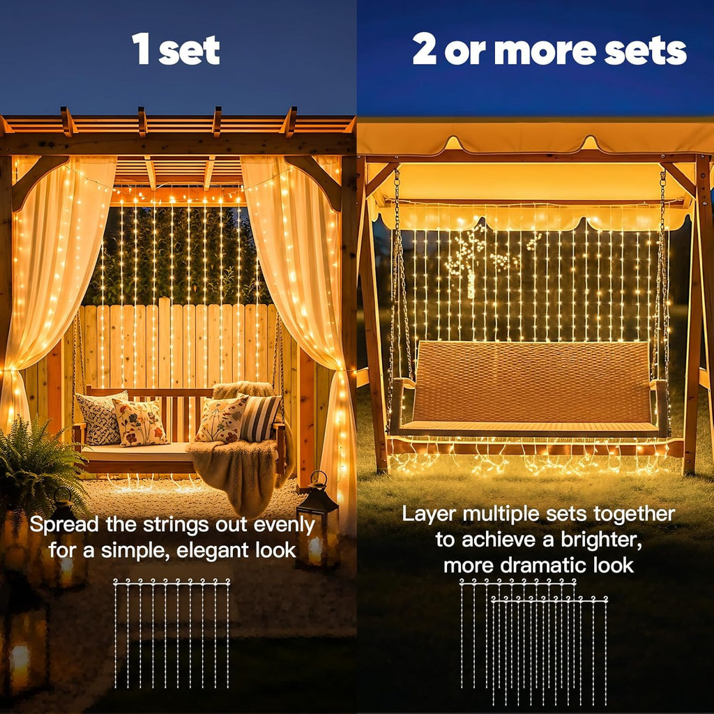 Suddus Solar Curtain Lights - 200 LED Tangle-Free Waterproof Hanging Lights for Christmas & Events | Warm White