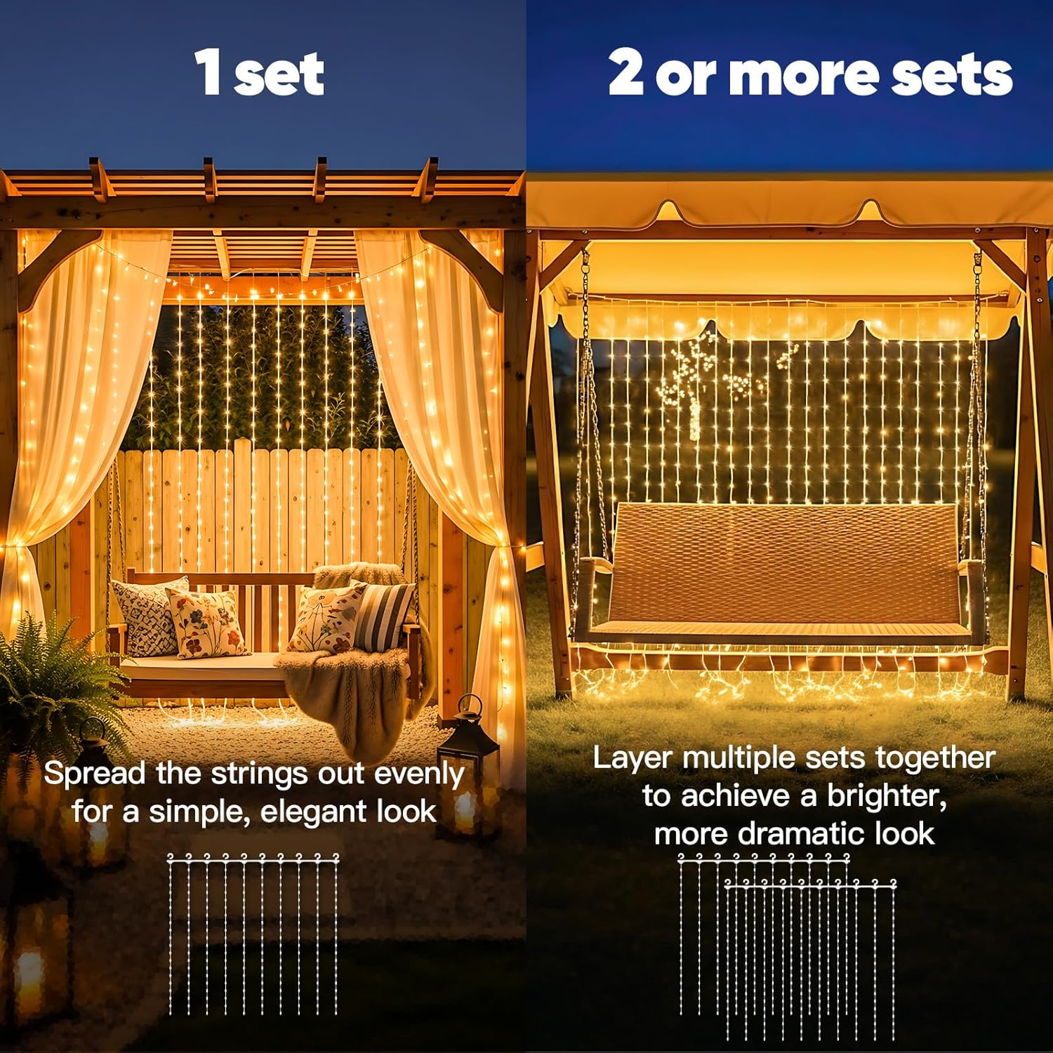 Suddus Solar Curtain Lights - 200 LED Tangle-Free Waterproof Hanging Lights for Christmas & Events | Warm White