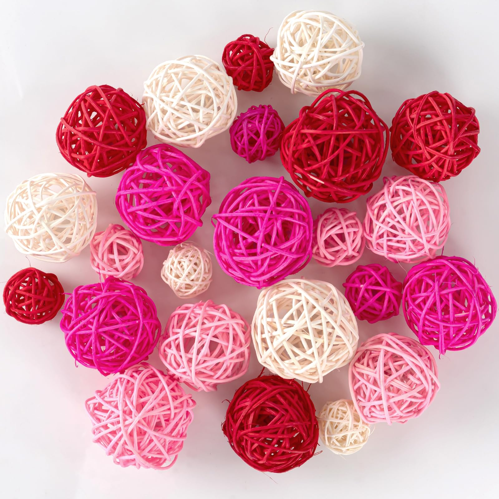 GuassLee 24Pcs Valentine's Day Decorative Rattan Balls, Pink Red Grey Wicker Balls Decorations for Valentine's Day Decor Centerpiece DIY Crafts Vase Bowl Orbs Filler Wedding Home Decor, 1.2"/2"/2.4"