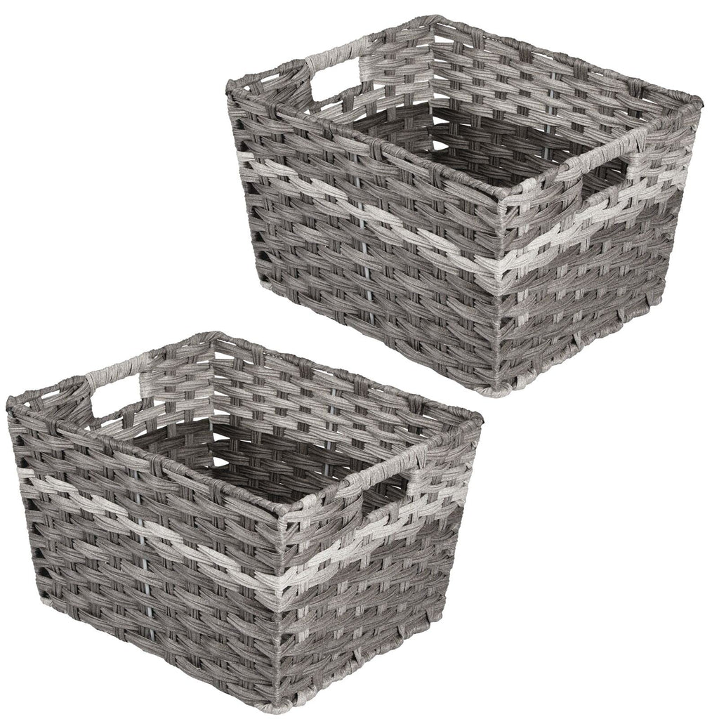 mDesign Wide Rectangular Woven Braided Rope Home Storage Baskets with Handles - for Organizing Closet, Bedroom, Bathroom, Living Room, Entryway, Office - 8.25" High, 2 Pack - Gray