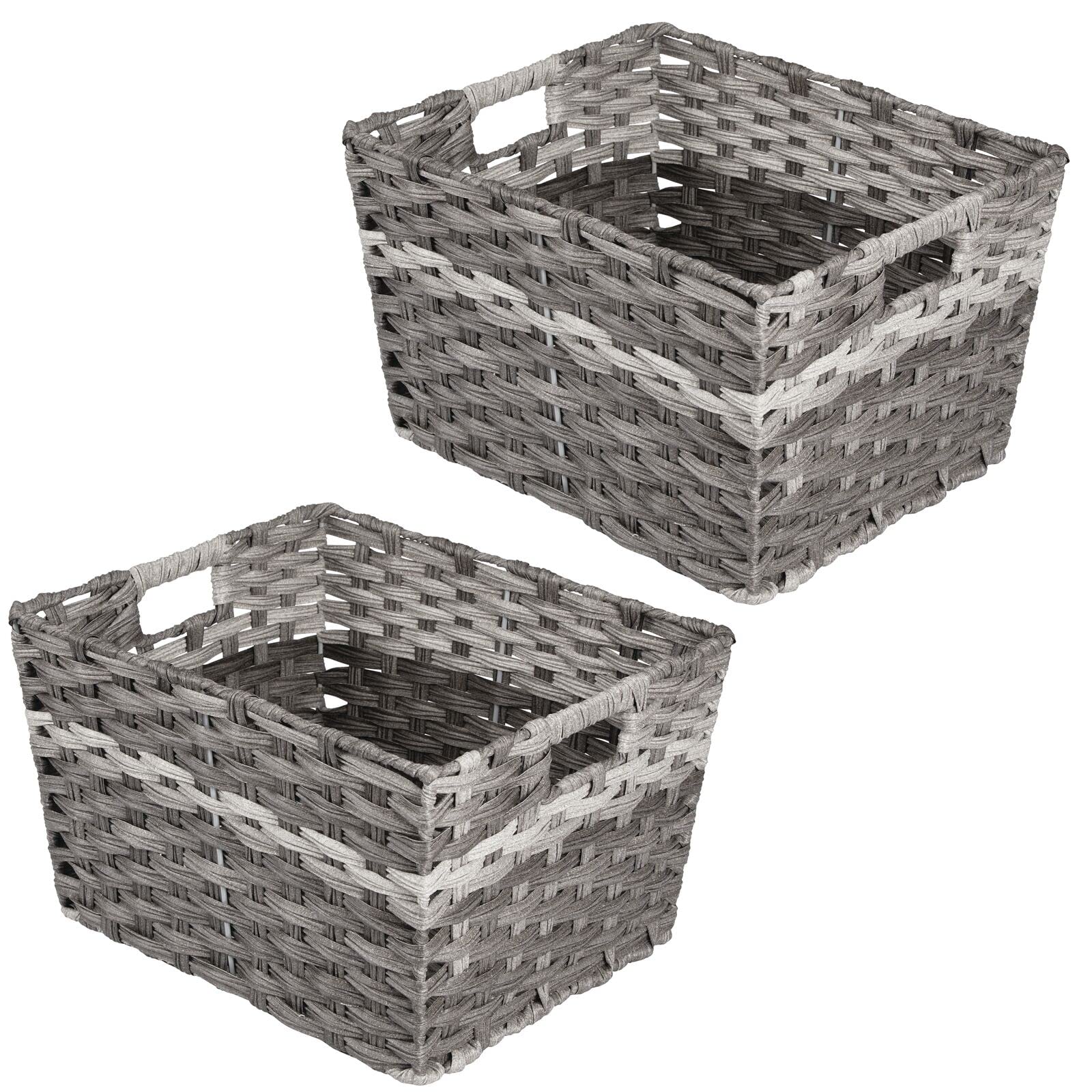mDesign Wide Rectangular Woven Braided Rope Home Storage Baskets with Handles - for Organizing Closet, Bedroom, Bathroom, Living Room, Entryway, Office - 8.25" High, 2 Pack - Gray