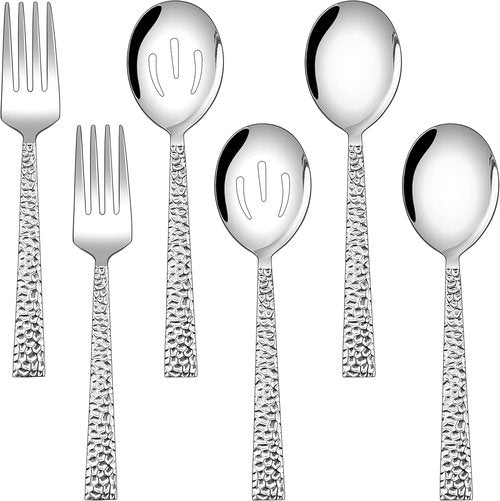 E-far Hammered Serving Utensils Set - 6-Piece Stainless Steel Hostess Set | 8.7-Inch, Dishwasher Safe