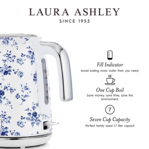 Laura Ashley Stainless Steel Electric Kettle 1.7 Liter - 1500W Rapid Boil Electric Kettles for Boiling Water - Electric Tea Kettles Automatic Shut Off - Overheat & Boil Dry Protection Jug Kettle
