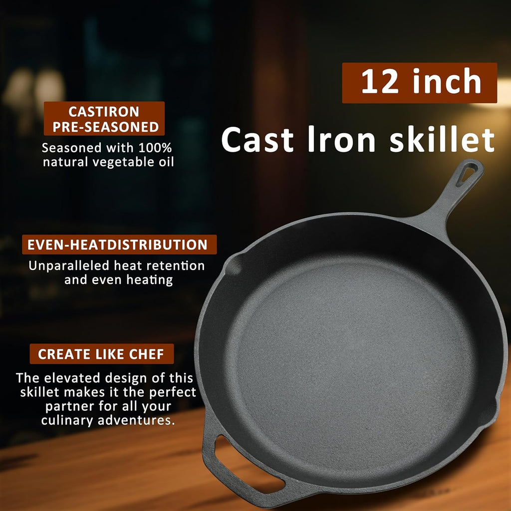 Skiennix 12-Inch Cast Iron Skillet - Pre-Seasoned Frying Pan for Oven, Stovetop & Grill, Durable Black Cookware