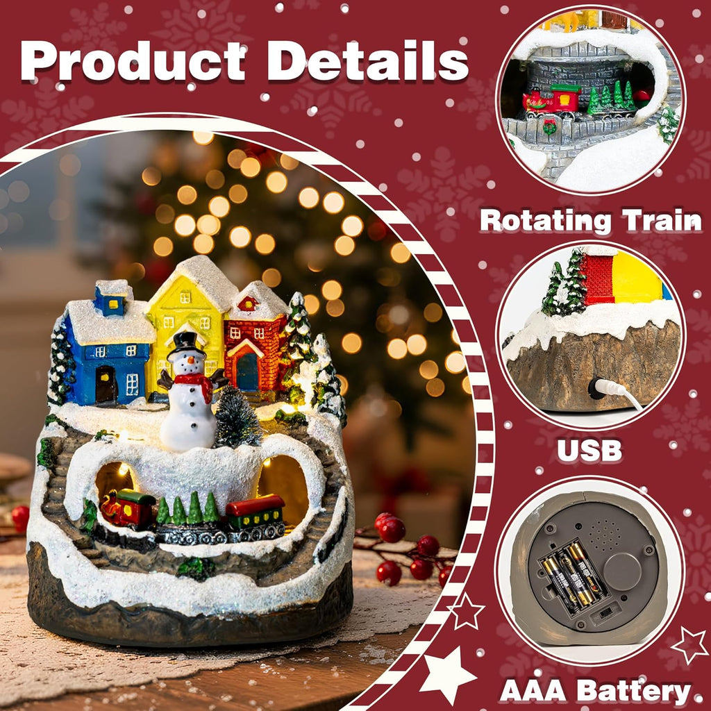 MXwcy Christmas Village House - Moving Train & Music, Lighted Snowman Figurine with 8 Holiday Songs, LED Lights