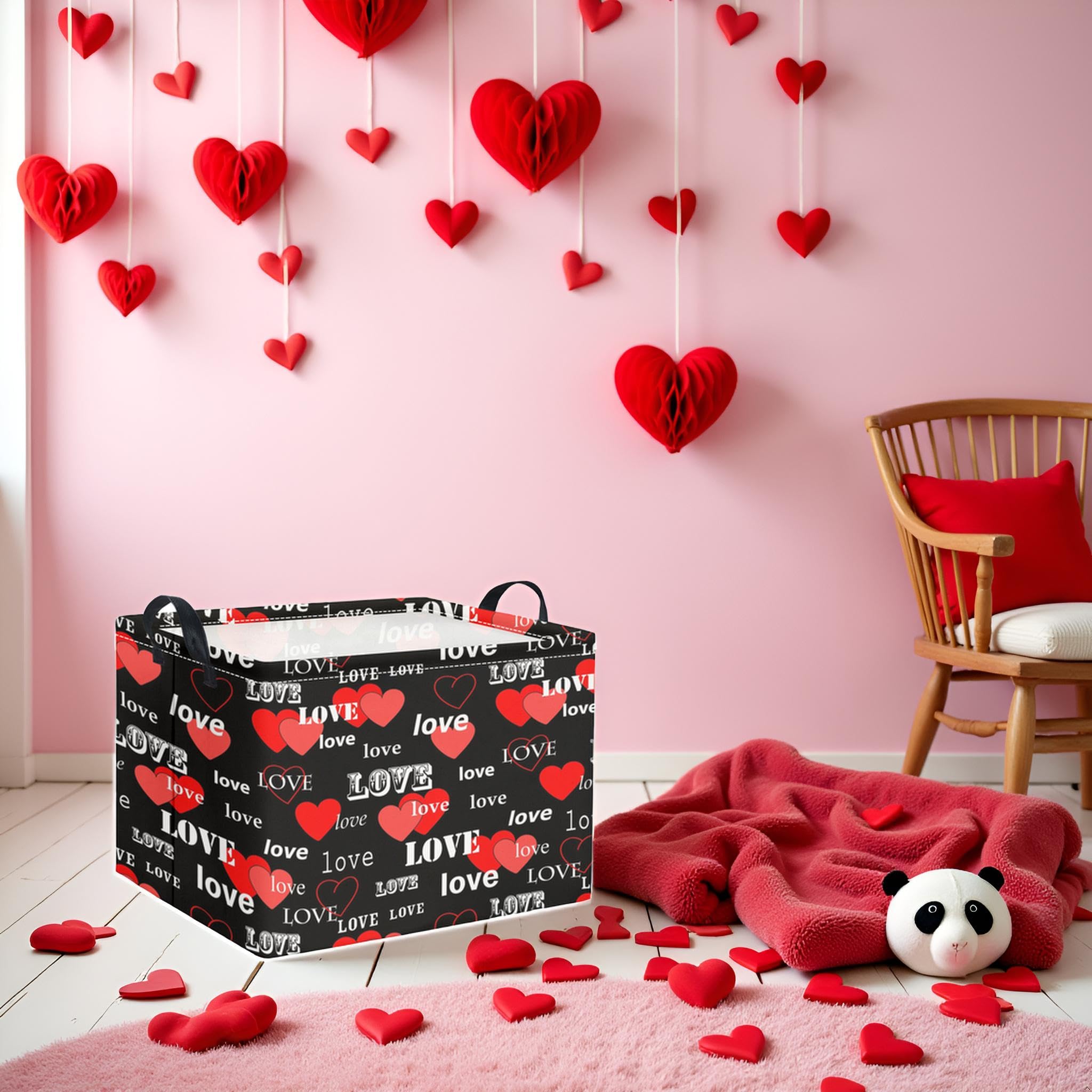 TIBAOLOVER Rectangular Valentines Basket for Home Kitchen Girls Cute Kids Storage Bin Organizer Shelf Book Room Decor(Black Red Love)