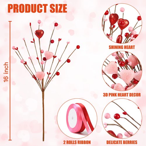 Valentine’s Day Gifts 12 Pcs Glittery Heart Shaped Berry Picks Shining Artificial Red Heart Berry Twig Stem Branches with 2 Rolls of Ribbon for Valentine’s Day Anniversary Bouquets Wedding Home Decor