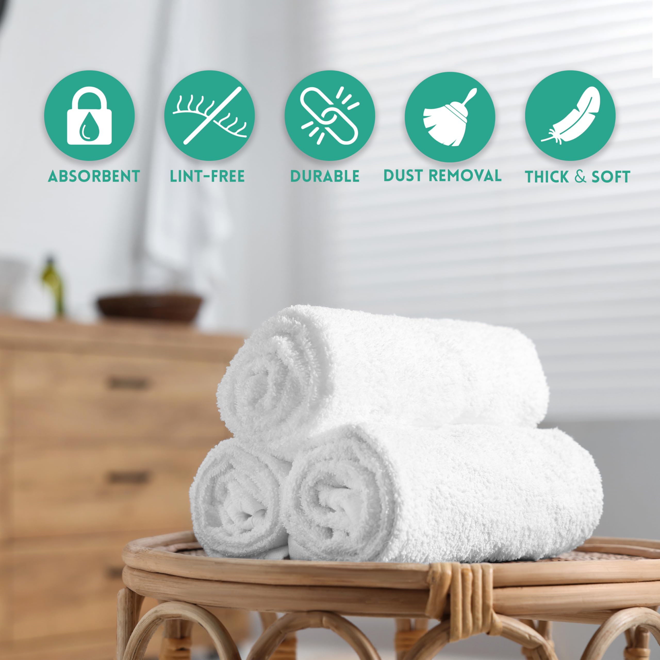 ZUPERIA 100% Cotton Terry Towels Cleaning Cloths, Pack of 50 (12" x 12") Multipurpose, Highly Absorbent, Reusable Cotton Rags, White Bar Towels & Cleaning Rags for Everyday Usage (White)