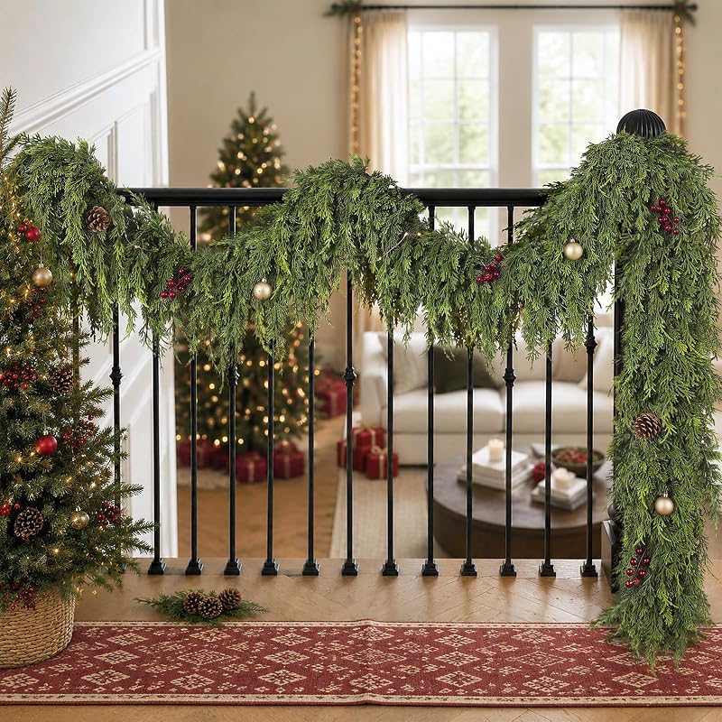 1Pcs 9FT Artificial Cedar Garland for Mantle Decor - Lifelike Touch, Christmas