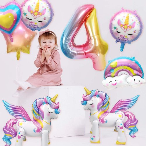 8Pcs Unicorn 4th Birthday Party Decorations for Girls,26Inch Large Unicorn Balloons Self Standing,18Inch Purple Pink Star Heart Rainbow Foil Balloon for Birthday Wedding Baby Shower Supplies(Number 4)