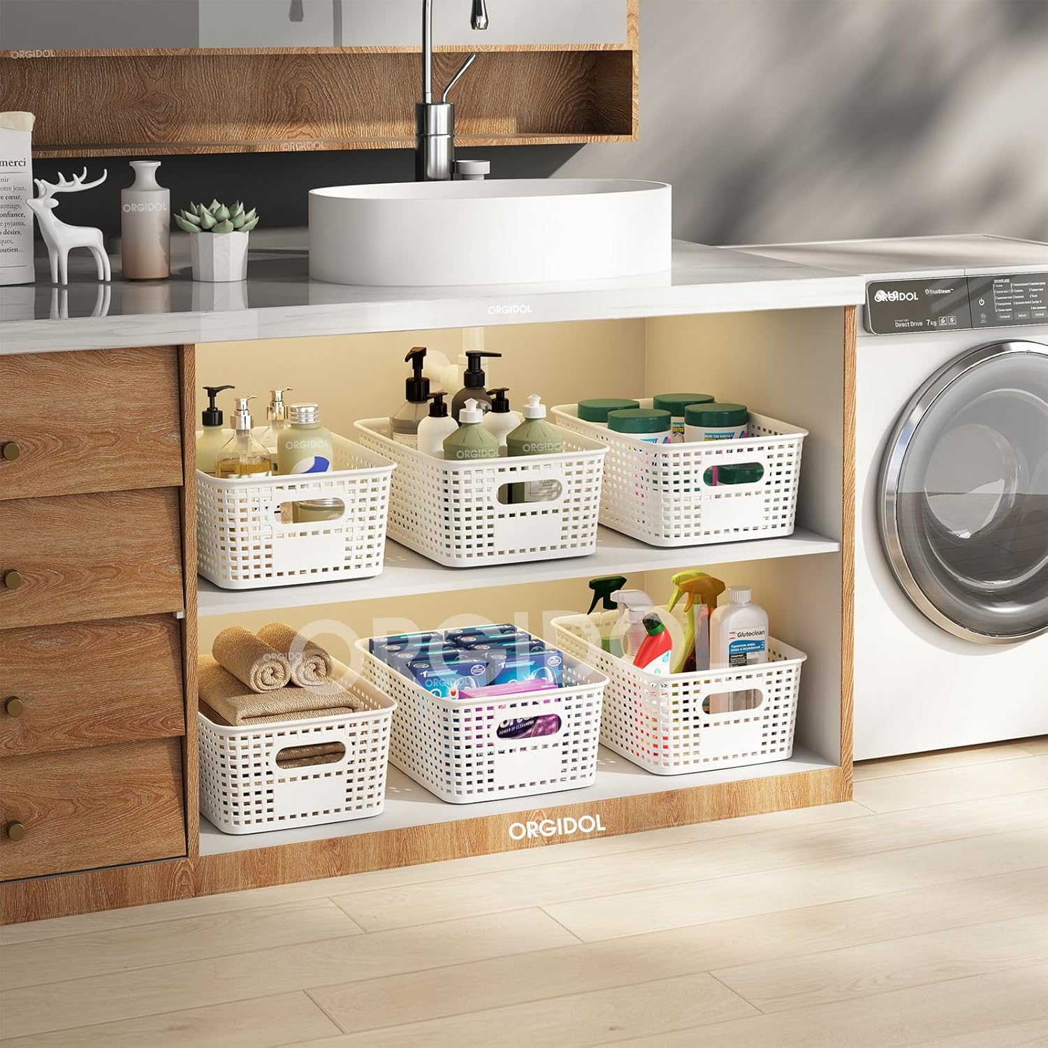 ORGIDOL Plastic Storage Baskets - 10 Pack Stackable Bins with Lids for Organizing | White