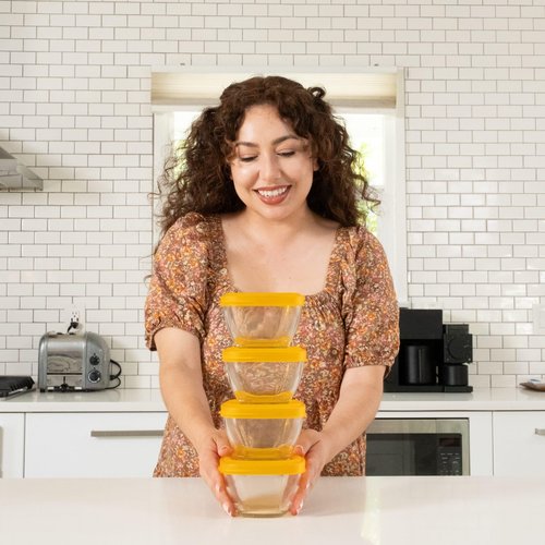 Libbey Serve It 16 Piece 2 Cup Glass Storage Bowl Container Set with Yellow Plastic Lids