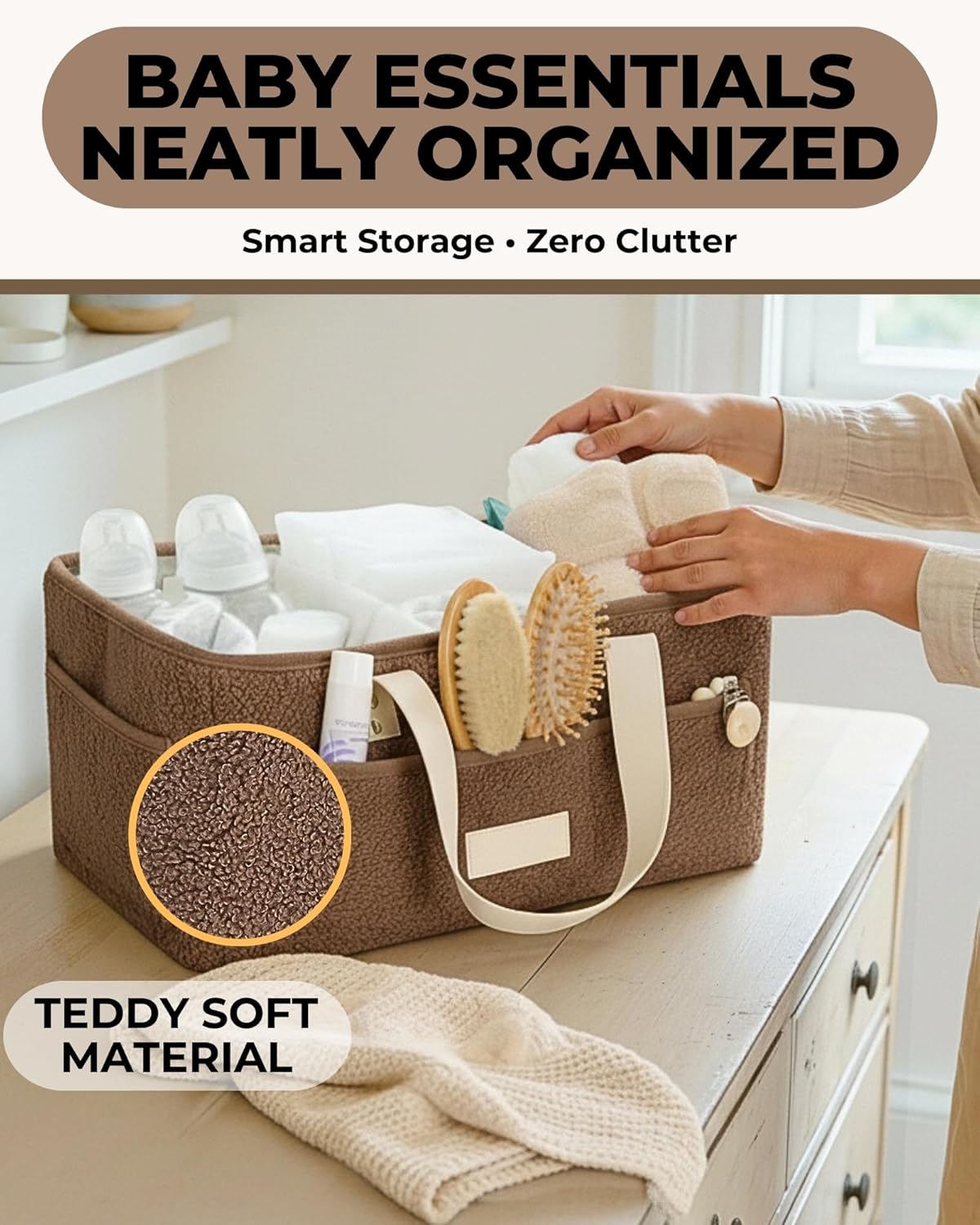 Skiennix Baby Diaper Caddy Organizer - Portable Changing Mat & Removable Dividers - Teddy Fleece Design