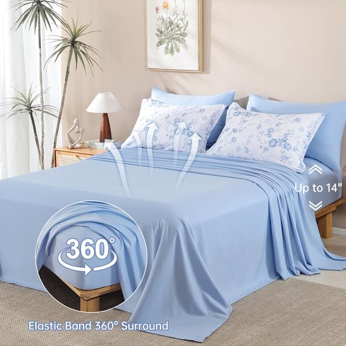 Luxudecor Floral Queen Comforter Set 7 Pieces Bed in a Bag, Blue Rose Romantic Flower Bed Set, Soft Reversible Comforter with Sheet Set 90"x90"