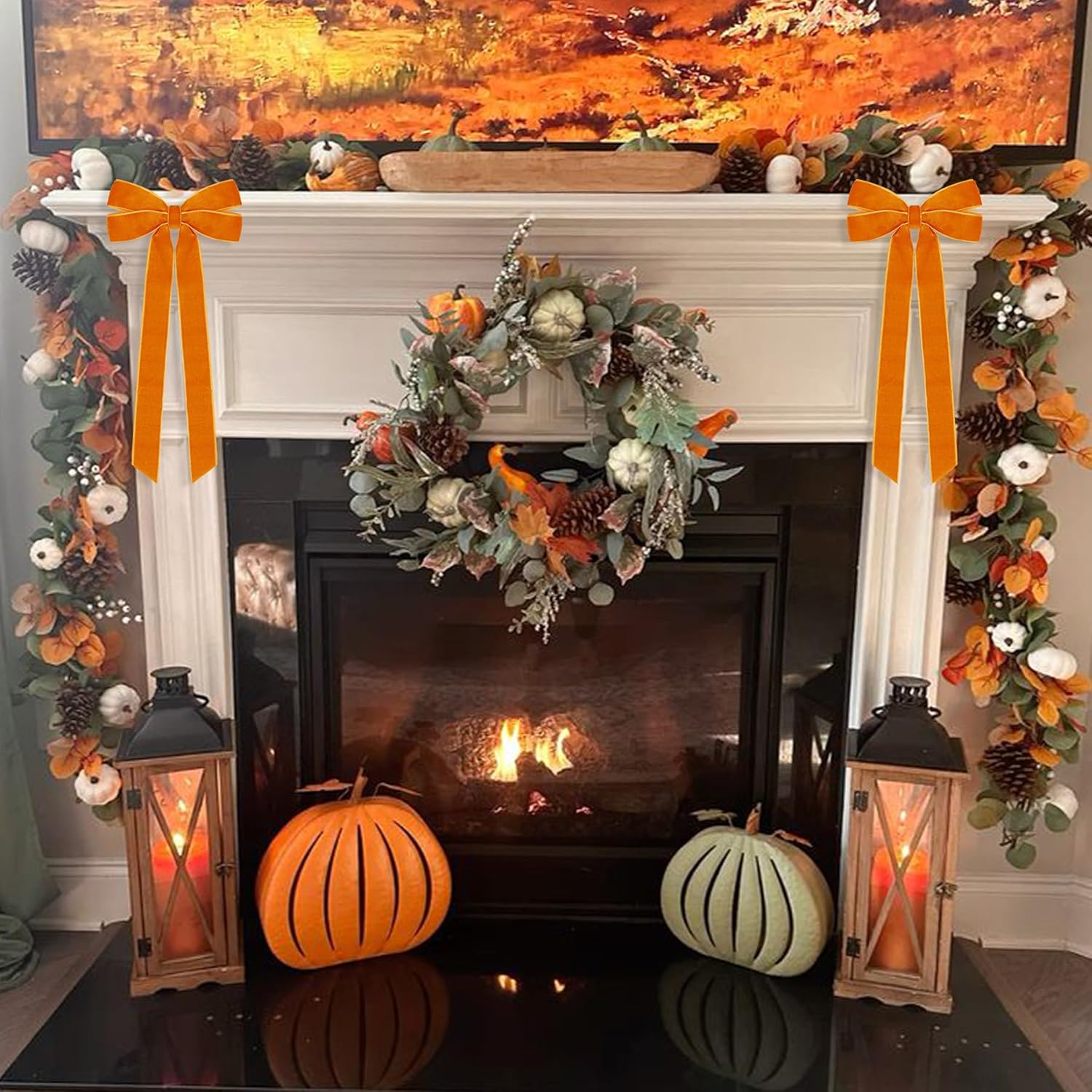 Skiennix 12Pcs Fall Velvet Ribbon Bows - 5in x 10in Orange Christmas Ornaments for Holiday Decor