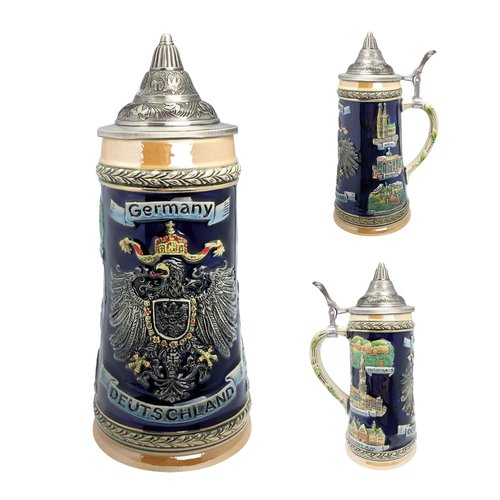 Essence of Europe Gifts 0.7 Liter Deutschland German Beer Stein with Lid - Tankard Blue Hand Painted Engraved Cities of Germany Mug Beer Steins - Tankard Beer Mug