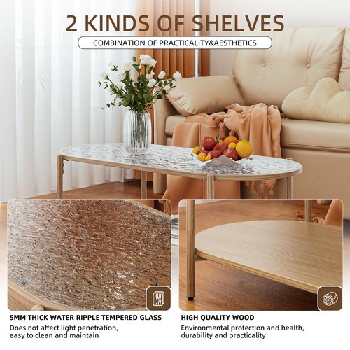 Glass Coffee Table, 44” Tea Dinner Table 2-Tier Oval Center Table Wave Pattern Tempered Glass Table Top With Anti Slip Pads, for Living Room Office Cafe Reception Room Small Space Apartment