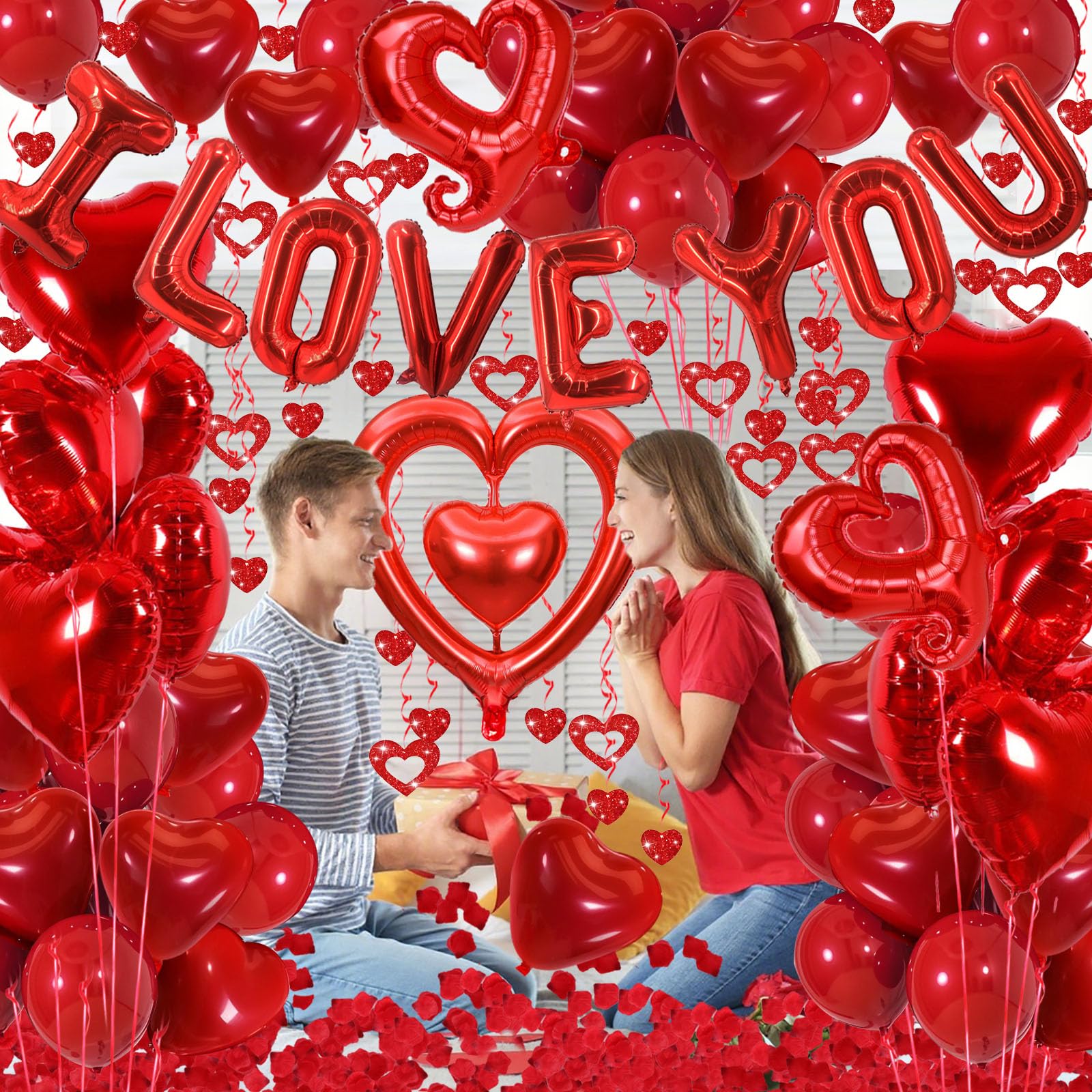 Valentines Day Decorations with Red I Love You Balloons and Fake Rose Petals for Wedding Bachelorette Party, Red Heart Balloons and Love Balloon for Anniversary Romantic Decorations