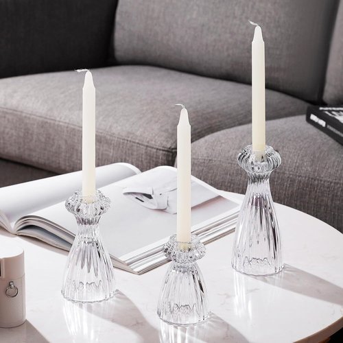 Lysenn Glass Candle Stick Holder Set of 3 - Elegant Taper Holders for Romantic Ambiance - Clear Decor