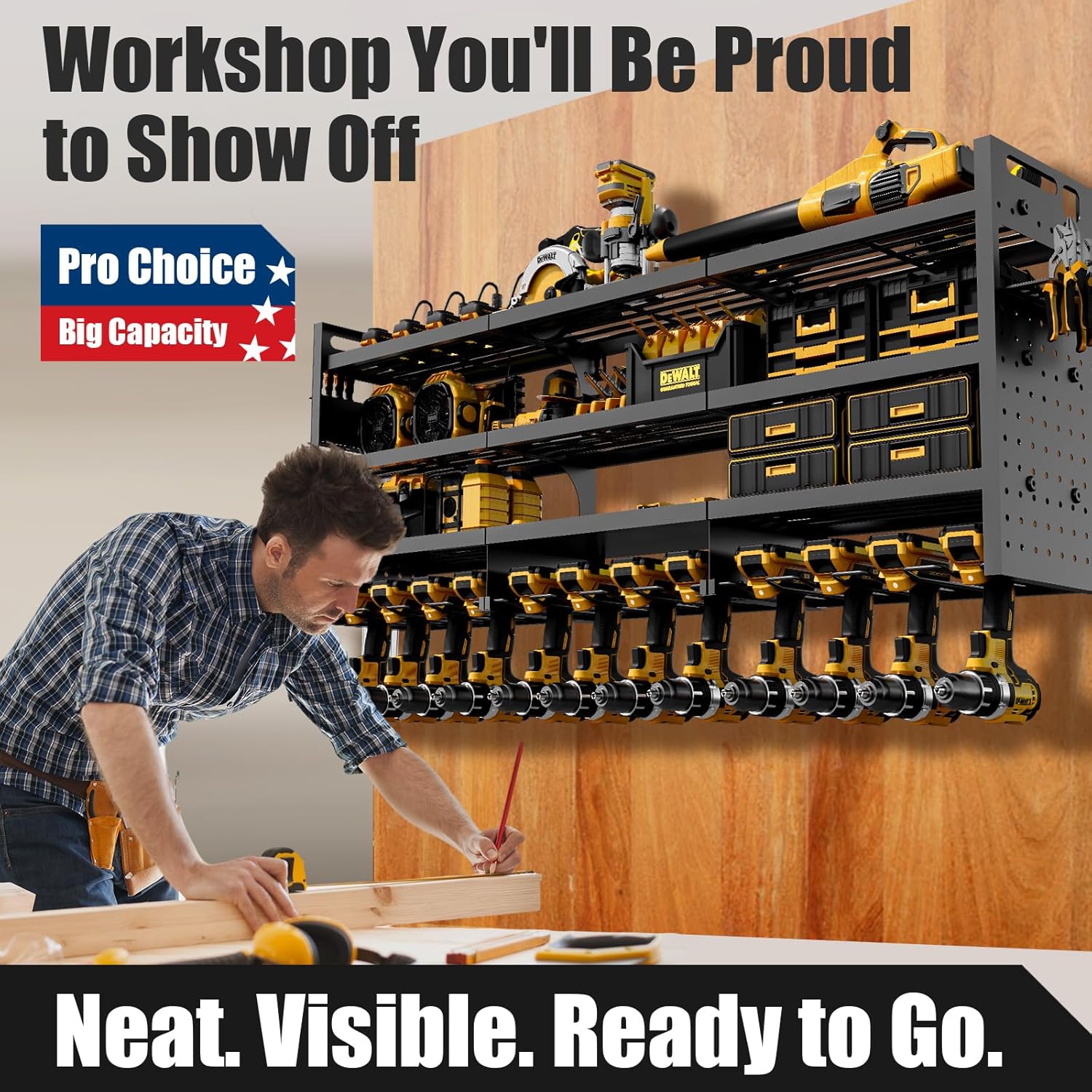 Power Tool Organizer Wall Mount - 8-Outlet Charging Station | Heavy-Duty Garage Storage Rack with Cordless Drill Holder