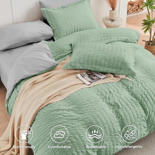 HYMOKEGE King Size Comforter Set - Luxury 7-Piece Bedding in Sage Green & Light Grey | All-Season Seersucker Design