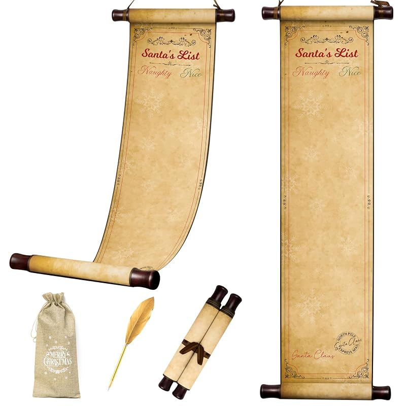 Christmas Naughty & Nice Scroll Set with Golden Feather Pen, Vintage Burlap Bag