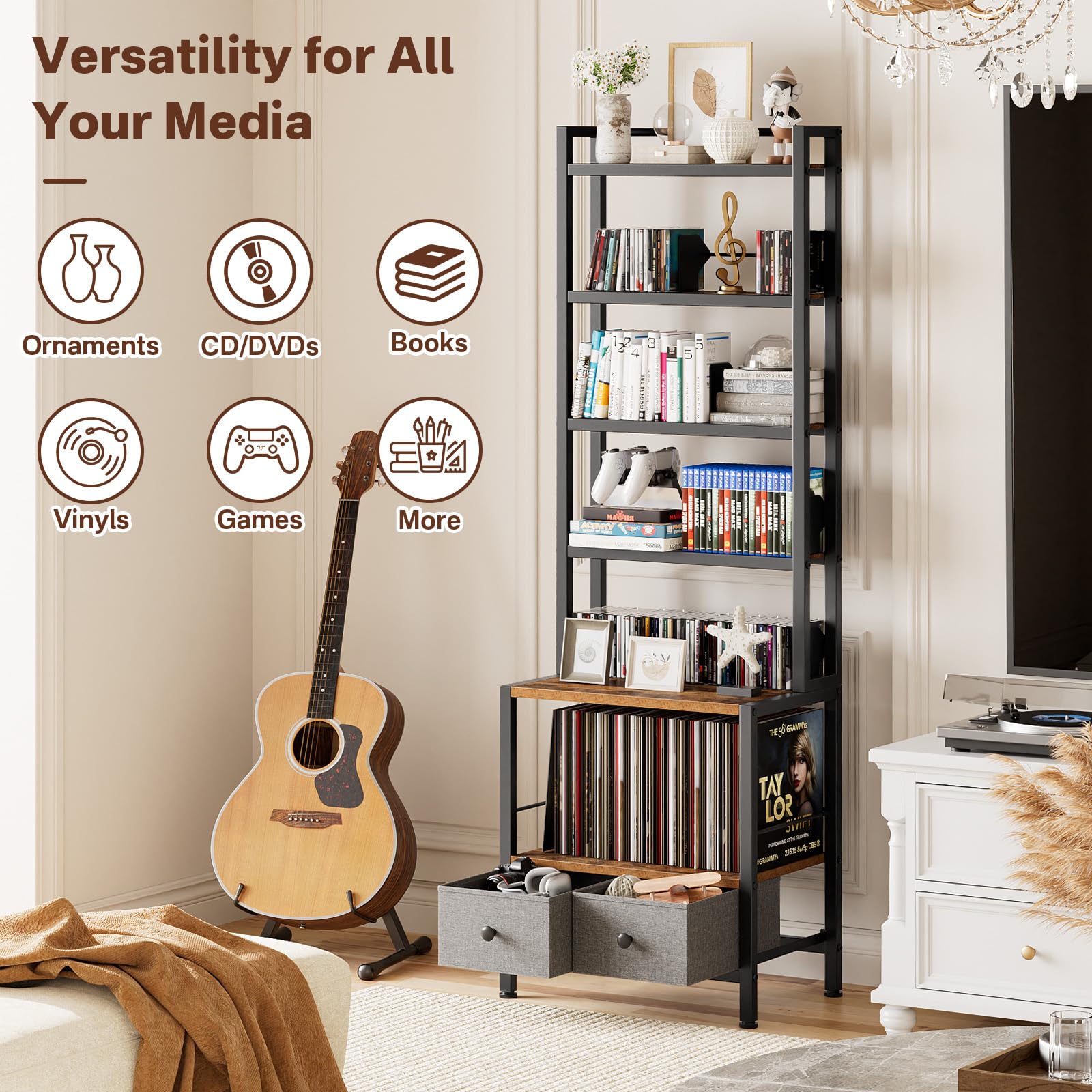 DVD Storage Vinyl Record Storage Rack, 6-Tier CD Rack Tower with Drawers for CDs, DVDs, Albums, Books & Games, Vinyl Record Holder & DVD Shelf Organizer for Living Room & Home Office, 20.8x11.8x63Inch