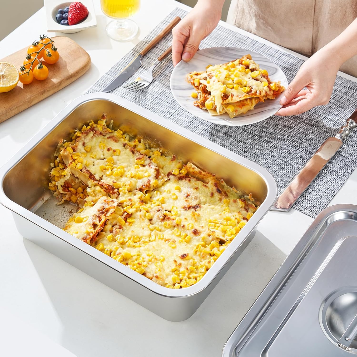 Skiennix 4-Inch Extra Deep Lasagna Baking Pan - 11x14 Inch Stainless Steel Nonstick Casserole Dish with Lid