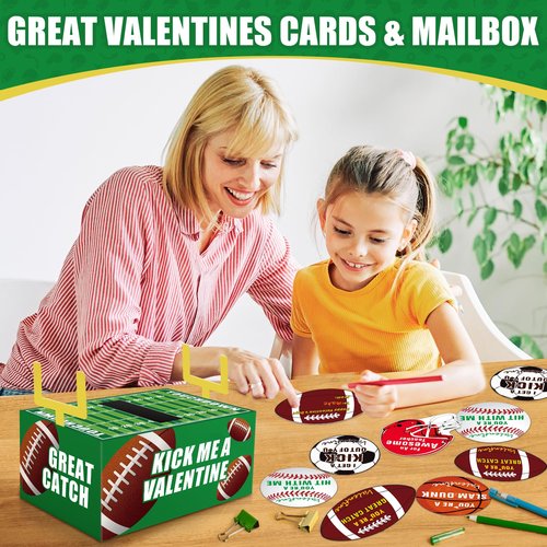 Gloween Valentines Day Boxes and Cards for Kids Classroom School Exchange, Great Valentines Gifts Party Favor Set for Boys Girls - 1 Football Box, 32 Sport Theme Valentine Cards, 1 Teacher Card