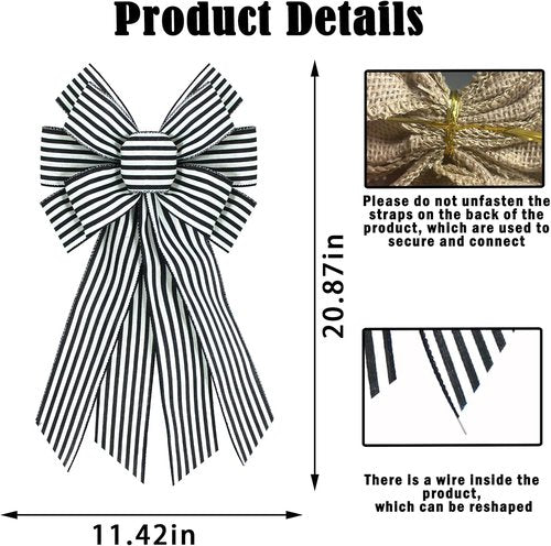 Black White Burlap Wreath Bow - 20 x 11 Inches | Stylish Striped Ribbon for Home Decor & Front Door