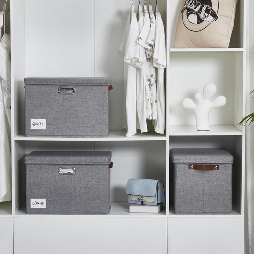 Roobyl 17" Large Collapsible Storage Bins with Lids, Stackable Closet Organizers with PU Handle and Labels, 3-Pack Decorative Fabric Storage Boxes for Home, Bedroom, Closet, Office, Nursery(Gray)