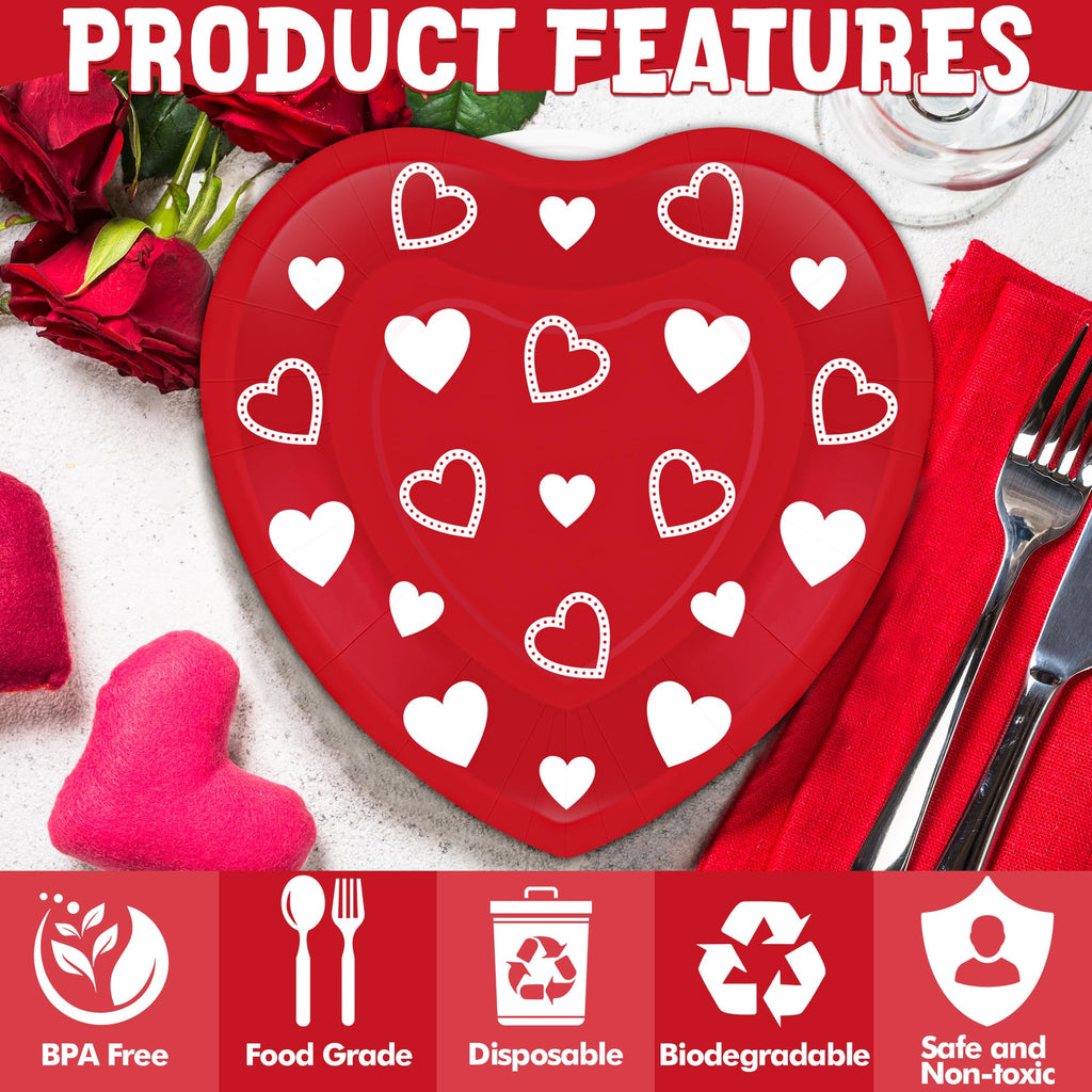 QZYL 48 PCS Valentines Plates, 9 IN Disposable Heart Shaped Plates, Red Pink Heart Design Heart Plates Valentines Paper Plate, Pink Dinnerware VD Party Supplies Wedding Table Decor
