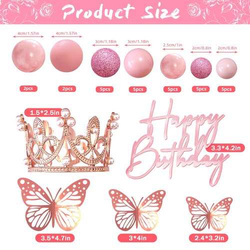 Balls Cake Toppers Happy Birthday Crown Tiara Cake Toppers for Birthday Wedding Baby Shower Party Decorations (Rose Gold Pink)