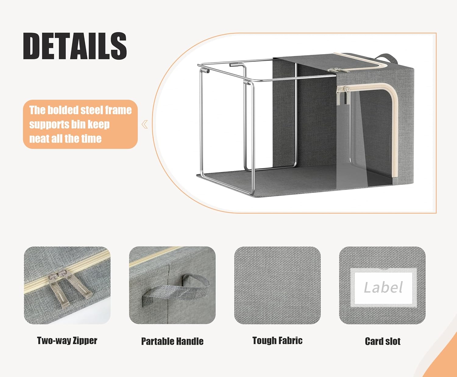 Skiennix Foldable Clothes Storage Bins - Durable Metal Frame with Clear Window | 3 Pack, Light Grey, 40L