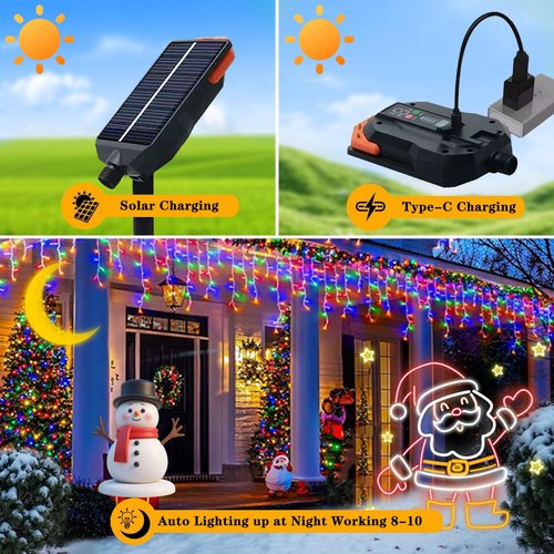 Aolupal Upgraded 640LED Solar Christmas Icicle Lights Outdoor Waterproof,60+16FT 13 Modes & USB Rechargeable Solar Powered Icicle Light for Roof House Yard Christmas Outdoor Decoration
